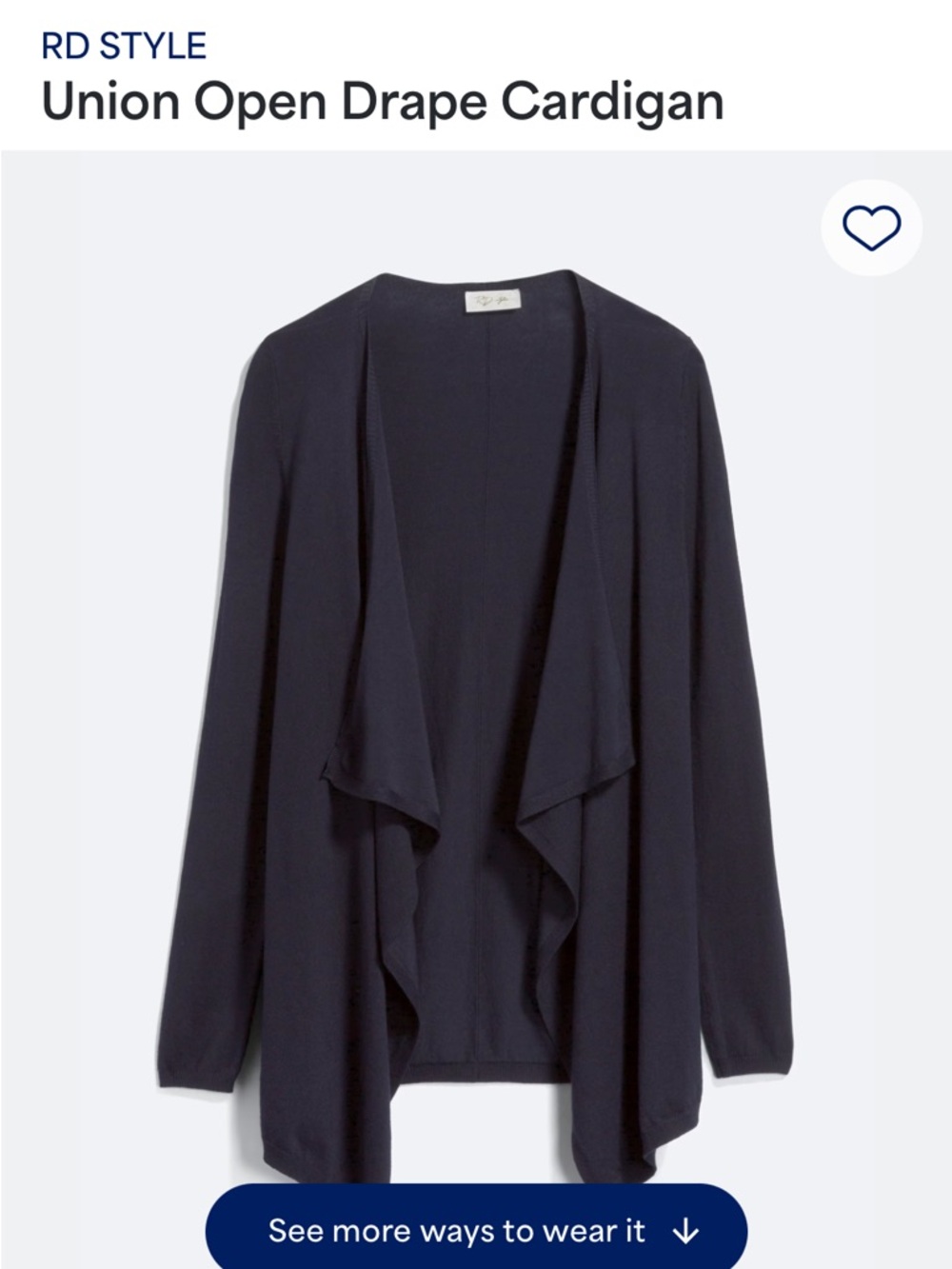 RD Style Navy Open Front Drape Cardigan